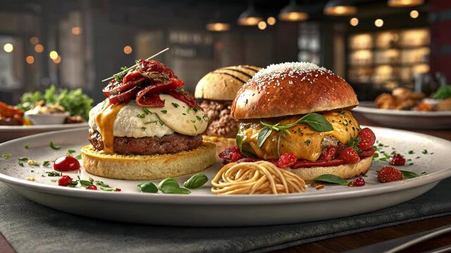 Gourmet burgers with cheese, raspberries, sundried tomatoes, and mozzarella nestled alongside pasta, showcasing culinary artistry in elegant restaurant setting