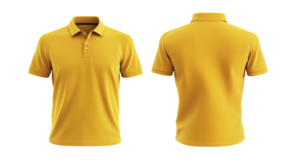 Blank yellow polo t-shirt mockup. Front and back view on transparent background