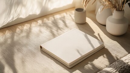 A white book with blank cover sits on top of the table. Mockup