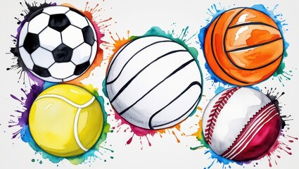 Obraz premium Colorful Watercolor Sports Balls Soccer Basketball Tennis Netball Cricket