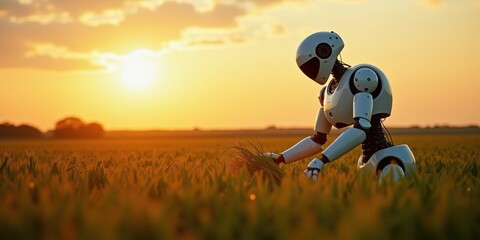 Futuristic humanoid robot working in agriculture, harvesting crops on a rural field under golden sunset light, highlighting advanced AI technology and sustainability