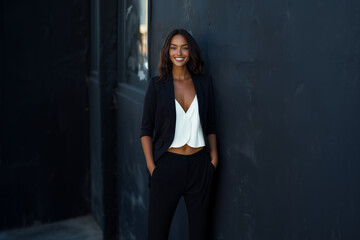 Fototapeta premium Confident business woman poses against a dark wall in stylish attire, showcasing her radiant beauty and professional demeanor in an urban setting