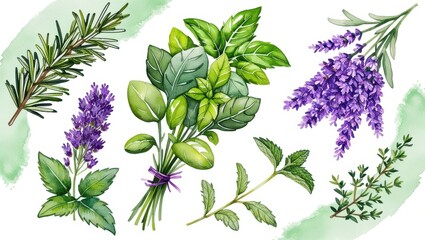 Watercolor Herbs Spices Rosemary Lavender Basil Mint Thyme Culinary Aromatic Plants