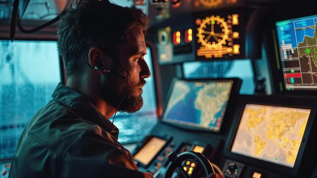 Bearded ship captain wearing headphones and holding steering wheel, navigating vessel at night using multiple computer screens showing maps and radar