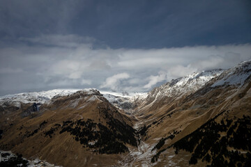 Aerial panorama overlooking mountain peaks. Landscape and nature of the North Caucasus