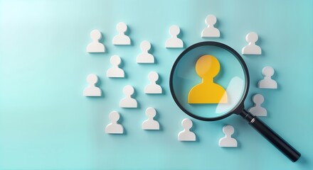 Magnifying glass focuses on single yellow human icon amidst many white icons. Concept of selecting best candidate, finding perfect client for customer focus CRM. Business illustration shows