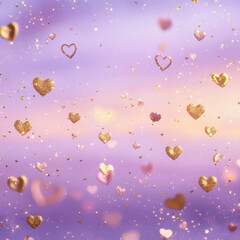 A dreamy background with floating golden and pink hearts amidst soft pastel colors and sparkling particles. Ideal for Valentine's Day, romantic promotions, and love-themed designs