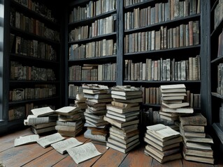 Obraz premium A cozy library filled with stacks of old, dusty books on shelves.