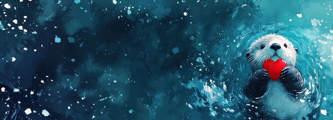 adorable baby sea otter floating on its back in blue water, holding red heart in paws, panoramic banner with copy space. Valentine's Day card, love, kindness, birthday greeting card, header concept.