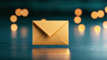 A golden envelope stands prominently against a blurred background of soft lights, evoking a sense of warmth and anticipation.