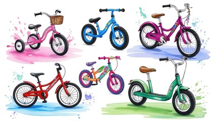 Colorful Kids Bikes Tricycle Balance Bikes Watercolor Illustration