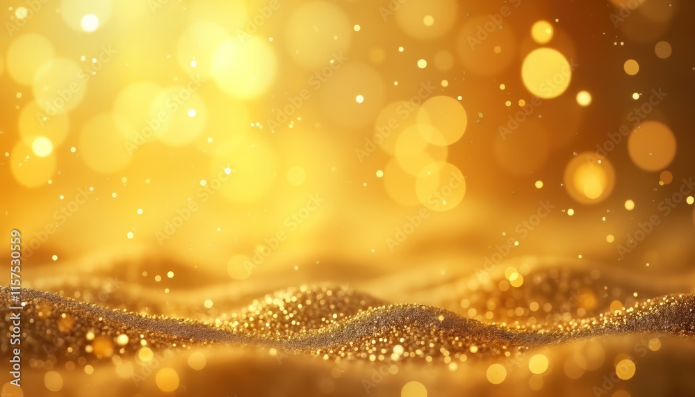 Poster Golden glitter background with bokeh effect. Abstract festive texture. Shining particles. Ideal for celebrations. Use for Christmas New Year special occasions. Creates celebratory mood. Luxury,