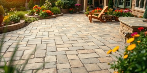 Serene Patio Design Featuring a Brick Paver Walkway, Lush Landscaping, and a Relaxing Wooden Chair