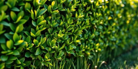 Lush green foliage wall, vibrant leaves in sunlight, natural hedge texture detail