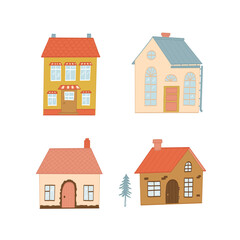 Cute houses clipart, doodles, cartoon elements, Cozy cottage illustration for stickers, prints, cards, posters, banners, signs, etc. Real estate theme. EPS 10