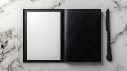 Blank Menu Book with Black Knife on Marble