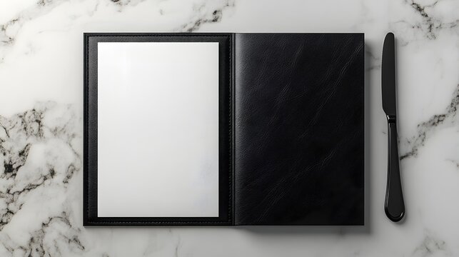Blank Menu Book with Black Knife on Marble
