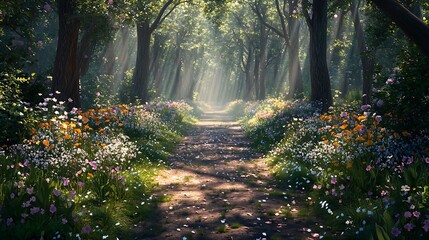 Golden sunlight filters through the leaves of ancient trees, painting the forest floor with dappled light and casting long shadows