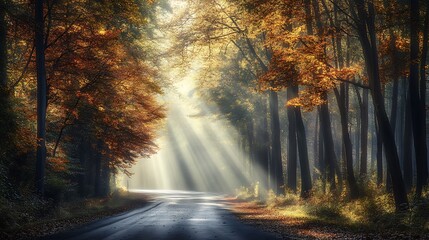 Obraz premium Autumnal foliage paints the forest landscape with vibrant hues of red, orange, and yellow, creating a breathtaking scene