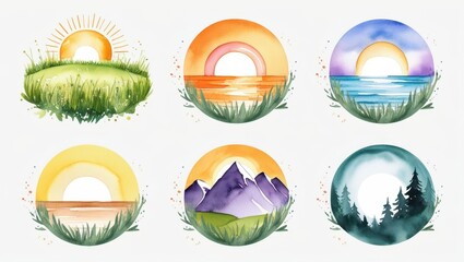 Fototapeta premium Watercolor Sunsets Sunrises Nature Scenes Circular Landscape Illustrations