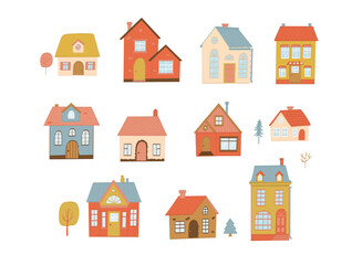 cute houses collection, hand drawn cartoon cottages clipart for stickers, prints, cards, posters, real estate theme. EPS 10