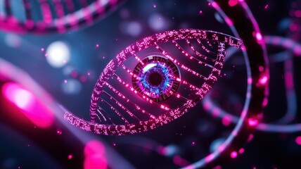 A captivating digital artwork featuring an eye intertwined with glowing DNA strands, set against a cosmic background in vibrant pink and blue hues.