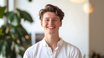 Confident young professional in a bright modern office setting with a warm smile