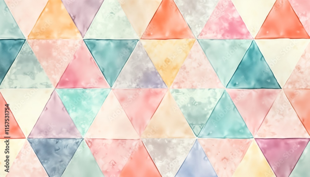 Poster pastel watercolor triangles create dynamic seamless pattern. soft hues of pink blue green, yellow ov
