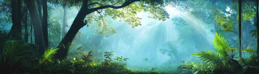 Obraz premium Lush forest with serene light filtering through leafy trees.