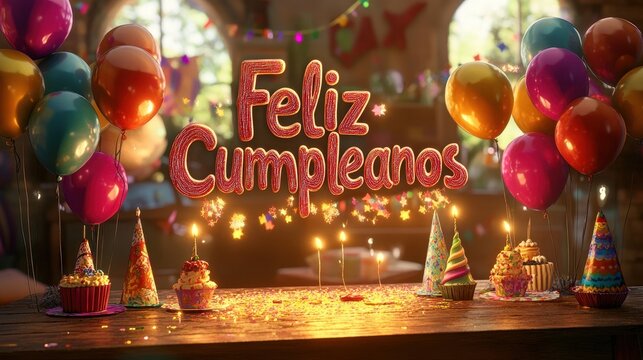Feliz Cumpleanos: A Festive Birthday Celebration with Balloons, Cupcakes, and Sparkling Candles