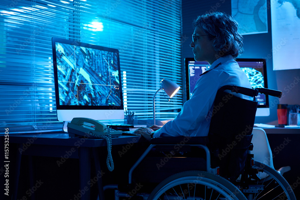 Aufkleber mature female officer with disability sitting in wheelchair in front of desktop computer and looking