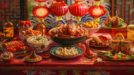 Fototapeta premium Chinese New Year reunion dinner, traditional festive theme, vibrant colors, rich red and gold details, detailed cultural elements, high-resolution illustration
