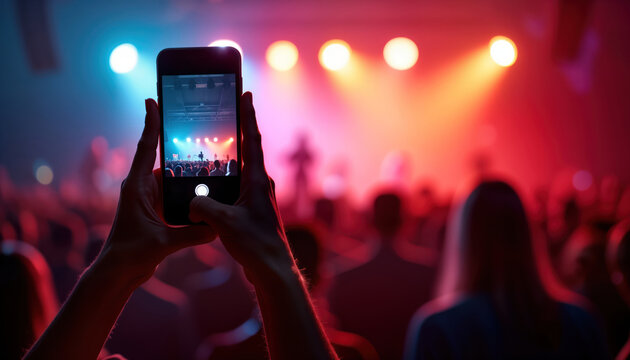 Person takes pic of concert on phone. Crowd enjoys live music performance. Event happening at venue. Vibrant stage lights illuminate scene. Energetic atmosphere. People excited, enjoying concert.