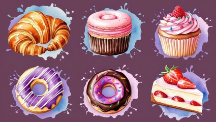 Delicious Pastry Collection Croissant Macaron Cupcake Donuts Strawberry Cake