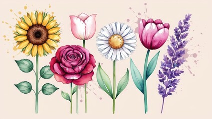 Obraz premium Watercolor Floral Collection Sunflowers Roses Tulips Daisies Lavender