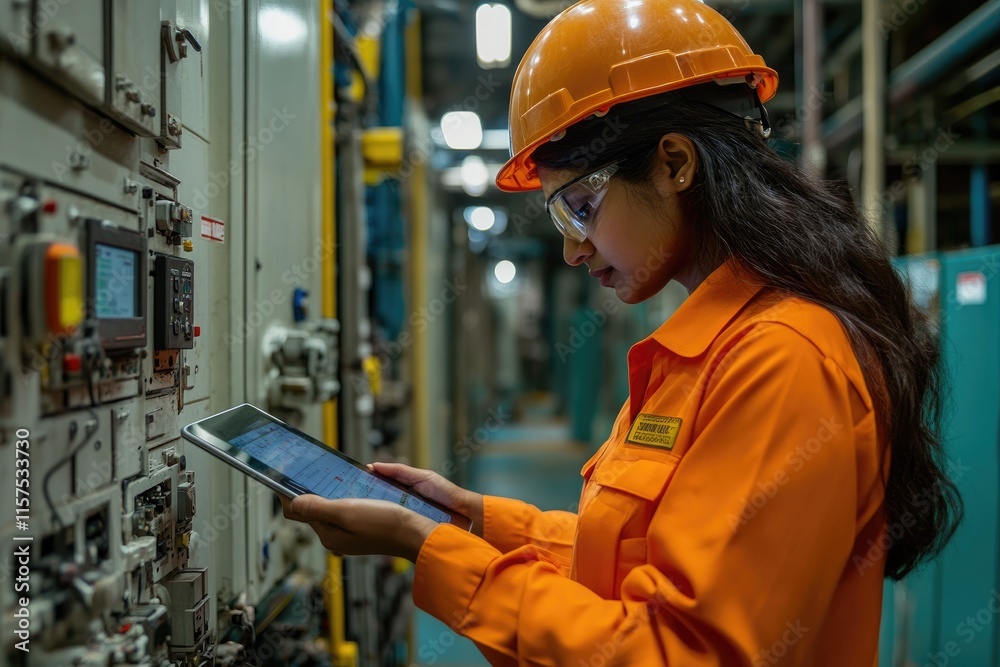 Aufkleber Industrial automation engineer controlling production process using digital tablet in factory