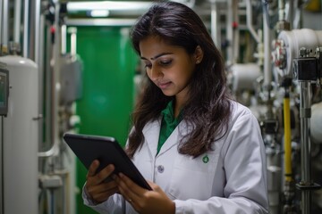 Female engineer using digital tablet monitoring production process in modern factory