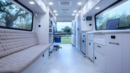 Modern mobile medical clinic interior with examination table, seating, and medical equipment.