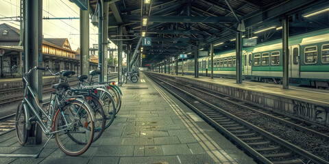 Train Station Platform with Parked Bicycles and Passenger Train