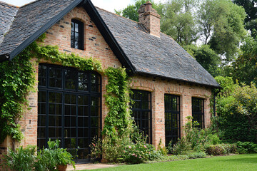 Fototapeta premium A brick and black-roofed house with large windows in the front, surrounded by greenery and grass. The walls of one side have ivy growing on them. In the background is an English garden with trees.