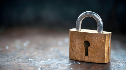 Close-up of a brass padlock on a rustic metal surface, representing security and protection.