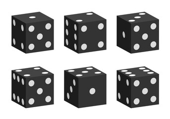 Black dice with white dots. Vector set isolated on white background. 3d dice.