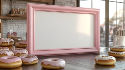 Pink Frame Displays Delicious Donuts In Bakery Setting