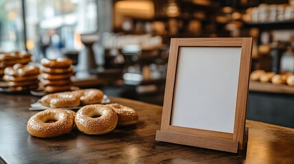 Delicious Bagels And Blank Wooden Sign In Bakery