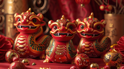 Fototapeta premium Chinese New Year snake figurines, traditional festive theme, vibrant colors, rich red and gold details, detailed cultural elements, high-resolution illustration