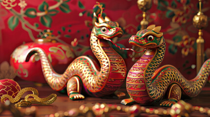 Fototapeta premium Chinese New Year snake figurines, traditional festive theme, vibrant colors, rich red and gold details, detailed cultural elements, high-resolution illustration