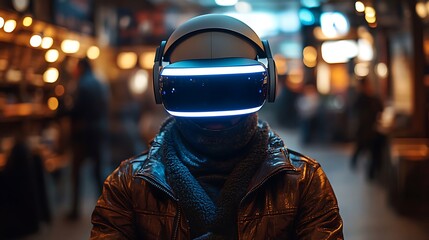 Obraz premium Person Wearing a Virtual Reality Headset in a City Setting