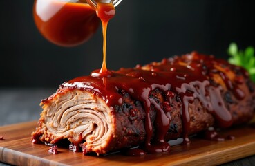 Juicy pulled pork drizzled with barbecue sauce. Delicious looking meat ready for eating. Food photography captures close-up view of process. Restaurant BBQ food service may interested in photo.