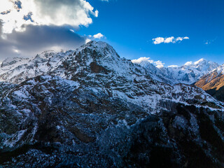 Aerial panorama of mountain peaks. Landscape and nature of the North Caucasus