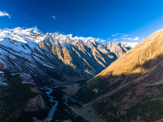 Aerial panorama of mountain peaks. Landscape and nature of the North Caucasus